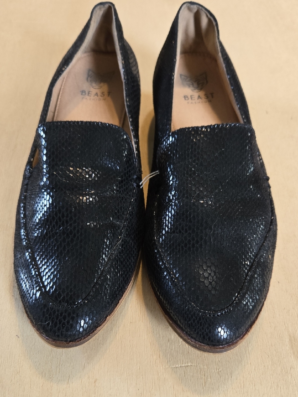 Beast Fashion (The Buckle) Black Snakeskin Loafers Almond Toe Low Block Heel